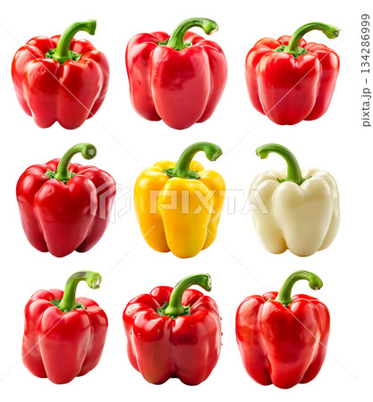 Set of Red bell pepper with green stem isolated on a white background Set of Red bell pepper with green stem isolated on a white background 134286999
