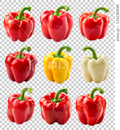 Set of Red bell pepper with green stem isolated on a white background 134286999