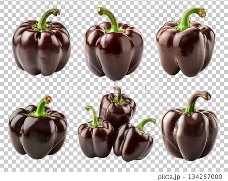 Set of Dark purple chocolate bell pepper with green stem isolated on a white background Set of Dark purple chocolate bell pepper with green stem isolated on a white background 134287000