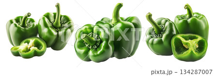 Whole green bell pepper with a sliced half showing seeds and texture, isolated on white transparent background. Concept of fresh vegetables and healthy food Whole green bell pepper with a sliced half showing seeds and texture, isolated on white transparent background. Concept of fresh vegetables and healthy food 134287007