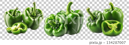 Whole green bell pepper with a sliced half showing seeds and texture, isolated on white transparent background. Concept of fresh vegetables and healthy food Whole green bell pepper with a sliced half showing seeds and texture, isolated on white transparent background. Concept of fresh vegetables and healthy food 134287007