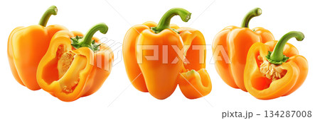 Whole yellow bell pepper with a sliced half showing seeds and texture, isolated on white transparent background. Concept of fresh vegetables and healthy food Whole yellow bell pepper with a sliced half showing seeds and texture, isolated on white transparent background. Concept of fresh vegetables and healthy food 134287008