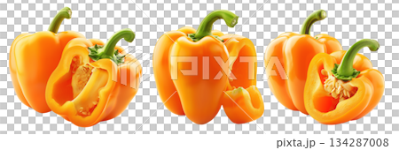 Whole yellow bell pepper with a sliced half showing seeds and texture, isolated on white transparent background. Concept of fresh vegetables and healthy food Whole yellow bell pepper with a sliced half showing seeds and texture, isolated on white transparent background. Concept of fresh vegetables and healthy food 134287008