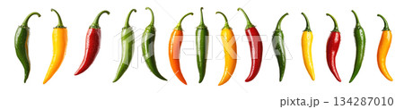 Chili peppers in green, red, yellow, and orange with water droplets isolated on white transparent background. Fresh and spicy food concept 134287010