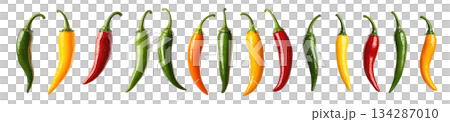 Chili peppers in green, red, yellow, and orange with water droplets isolated on white transparent background. Fresh and spicy food concept 134287010