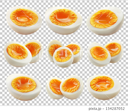Whole and sliced hard-boiled eggs with firm yolk isolated on white transparent background 134287052