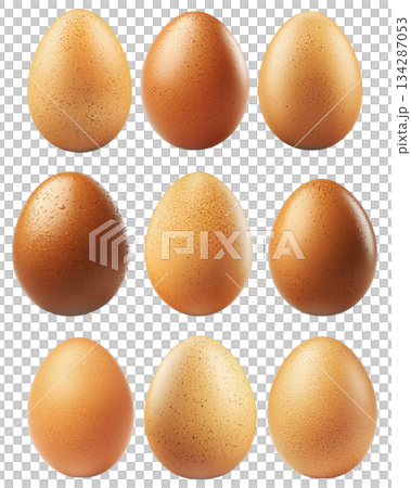Speckled egg with natural pattern and smooth surface, isolated on white transparent background. 134287053