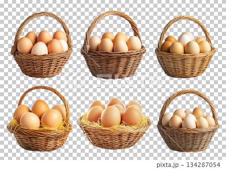 Wicker basket filled with fresh brown eggs resting on straw, isolated on white transparent background. 134287054