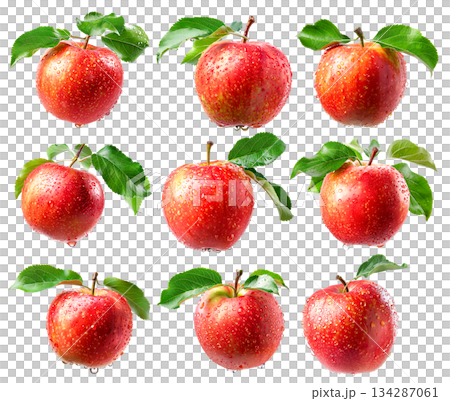Set of red apple with dew drops and leaves isolated on white background Set of red apple with dew drops and leaves isolated on white background 134287061