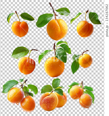 Set  of ripe apricot with dew drops and leaves isolated on white background 134287062