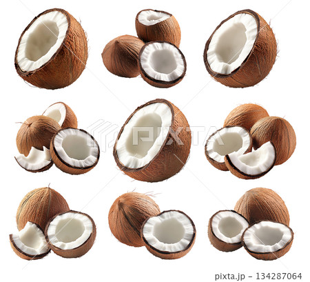 Set of coconut, halved coconut and slice showing white flesh texture isolated on white transparent background. 134287064