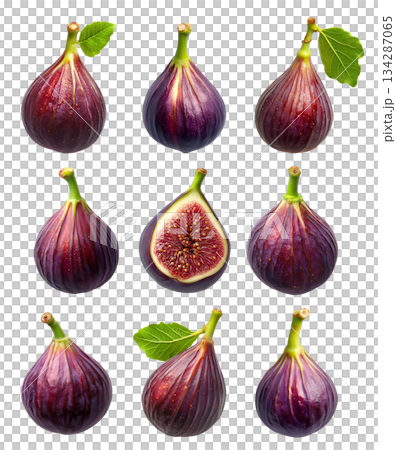 Set of fresh fig and halved fig showing its vibrant interior with green leaf isolated on white transparent background 134287065