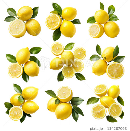 Set of yellow lemons with vibrant green leaves isolated on white transparent background 134287068