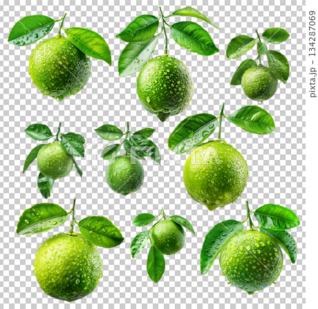Set of green limes with fresh leaves, presented on white transparent background, freshness and citrus concept Set of green limes with fresh leaves, presented on white transparent background, freshness and citrus concept 134287069