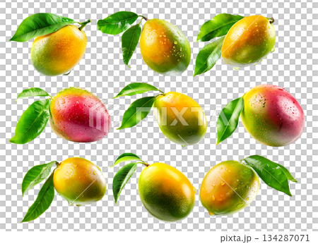 Set of mango with green leaves and water drops isolated on white transparent background Set of mango with green leaves and water drops isolated on white transparent background 134287071