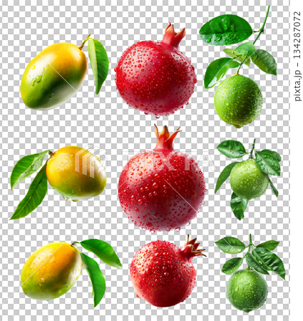 Ripe mango, lime and pomegranate with green leaves and water drops isolated on white transparent background Ripe mango, lime and pomegranate with green leaves and water drops isolated on white transparent background 134287072