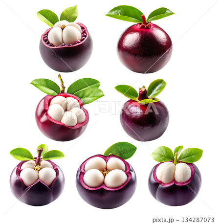 Set of mangosteen fruit cut open, showcasing white pulp and green leaves, isolated on white transparent background 134287073