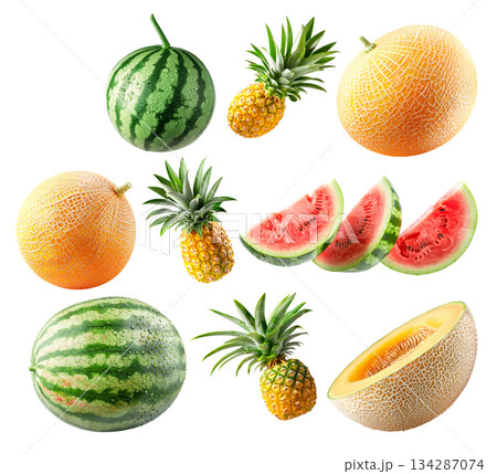 Set of pineapple, watermelon and cantaloupe melon with green leaves isolated on white background 134287074