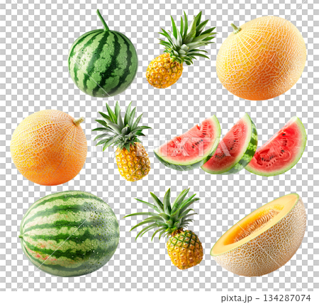 Set of pineapple, watermelon and cantaloupe melon with green leaves isolated on white background Set of pineapple, watermelon and cantaloupe melon with green leaves isolated on white background 134287074