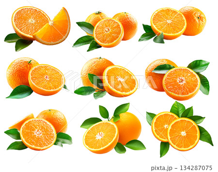 Set of orange, juicy orange half, and vibrant green leaf isolated on white transparent background. 134287075
