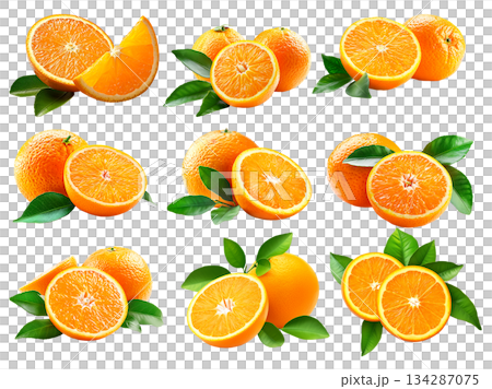 Set of orange, juicy orange half, and vibrant green leaf isolated on white transparent background. Set of orange, juicy orange half, and vibrant green leaf isolated on white transparent background. 134287075