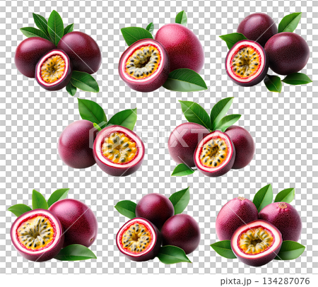 Set of passion fruit with vibrant seeds, green leaves, isolated on white transparent background. Set of passion fruit with vibrant seeds, green leaves, isolated on white transparent background. 134287076