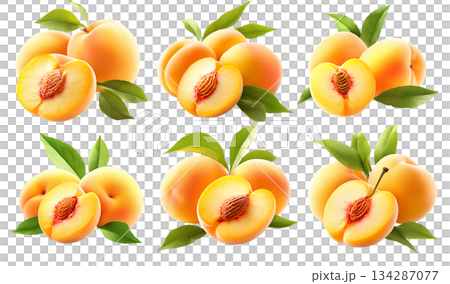 Set of peach with juicy slices and green leaves isolated on white transparent background, concept of fresh fruit 134287077