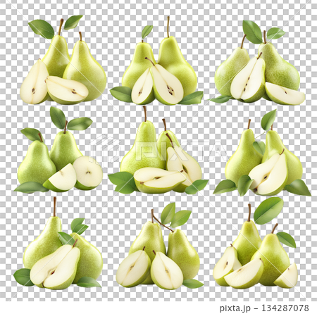 Set of ripe pear and sliced half with visible seeds and green leaf isolated on white transparent background Set of ripe pear and sliced half with visible seeds and green leaf isolated on white transparent background 134287078