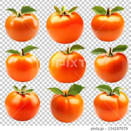 Set of orange persimmon with a green leaf, isolated on white transparent background. Healthy food concepts Set of orange persimmon with a green leaf, isolated on white transparent background. Healthy food concepts 134287079