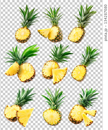 Set of pineapple with bright yellow flesh and green spiky leaves, isolated on white transparent background 134287080