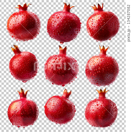 Set of Halved pomegranate showing juicy red seeds and vibrant details, isolated on white transparent background Set of Halved pomegranate showing juicy red seeds and vibrant details, isolated on white transparent background 134287082