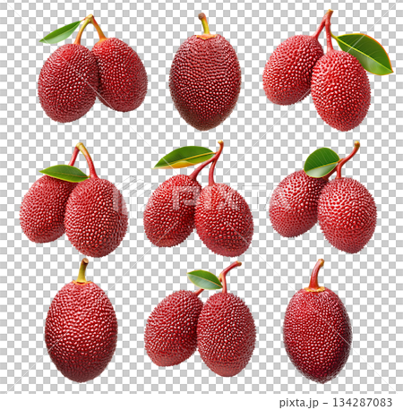 Set of lychees or salak with textured red skin and a green leaf, isolated on white transparent background Set of lychees or salak with textured red skin and a green leaf, isolated on white transparent background 134287083