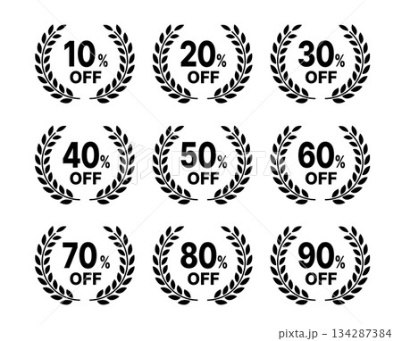 月桂樹のセール割引率（10〜90%OFF）アイコンラベルセット 黒・白背景 134287384