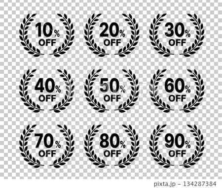 月桂樹のセール割引率（10〜90%OFF）アイコンラベルセット 黒・白背景 134287384