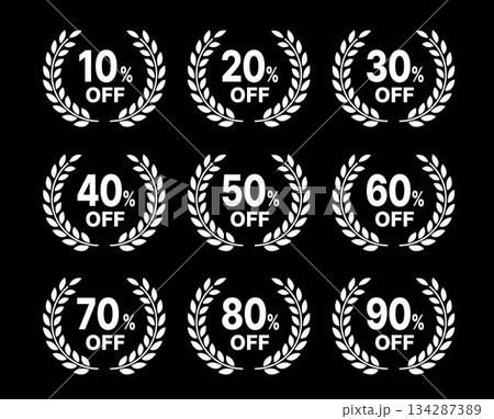 月桂樹のセール割引率(10〜90%OFF)アイコンラベルセット 白・黒背景 月桂樹のセール割引率(10〜90%OFF)アイコンラベルセット 白・黒背景 134287389