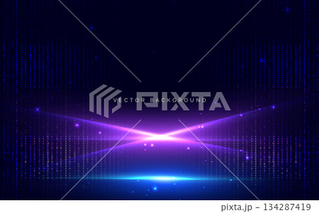 Abstract blue and purple light ray with square pattern element on dark background. 134287419