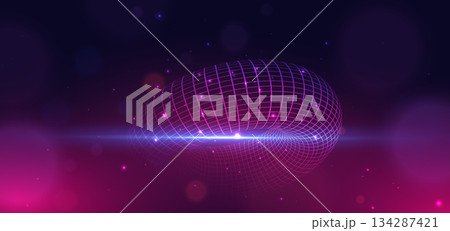 Abstract mesh curve glowing pink with lighting effect sparkle on dark blue backgroung. 134287421