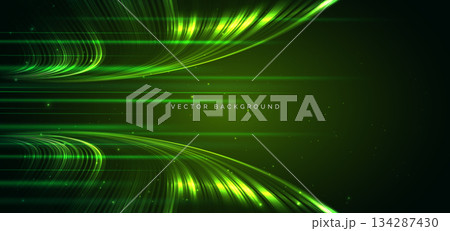 Abstract green speed curve lines on dark green background. Technology futuristic hi speed internet concept. 134287430