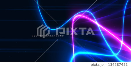 Blue and pink neon wave lines glowing on dark background. Technology futuristic lighting effect concept. 134287431