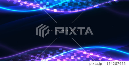 Blue and purple neon wave lines glowing with square pattern decor on dark background. 134287433