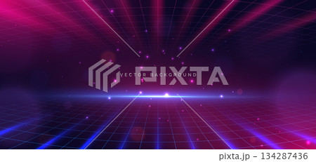 Scene digital technology lighting blue and red with grid on dark blue background. Cyber futuristic data network concept. 134287436