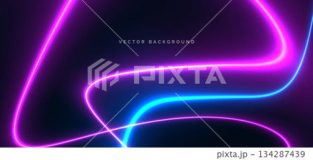 Blue and pink neon curve ray glowing on dark background. Technology futuristic lighting effect concept. 134287439