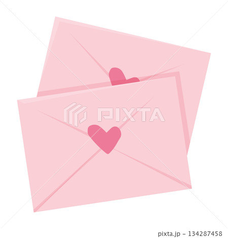 Envelope Love letters with hearts, cute pink romantic mail with stamp, airmail, postcard. Wedding and Valentine Day Decoration design elements. 134287458