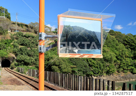 海岸に隣接する無人駅から見える太平洋の青い海と青い空 海岸に隣接する無人駅から見える太平洋の青い海と青い空 134287517