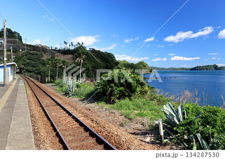 海岸に隣接する無人駅から見える太平洋の青い海と青い空 134287530