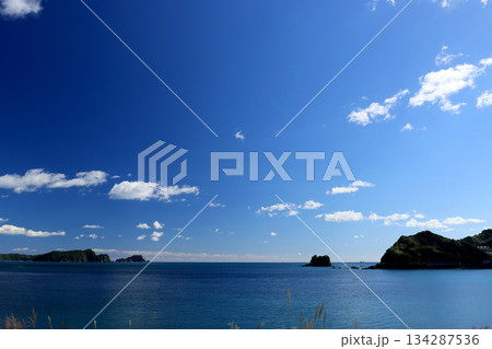 海岸に隣接する無人駅から見える太平洋の青い海と青い空 134287536