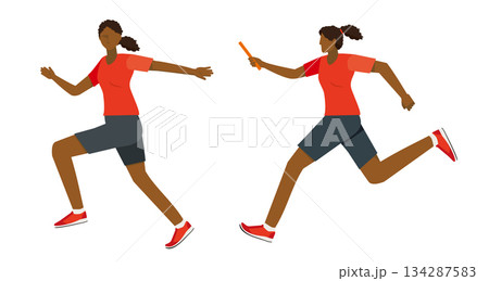 リレーのバトンパスをする黒人系女性ランナーのイラストセット｜陸上競技・スプリント 134287583