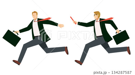 ビジネスのバトンパスをする走る白人系男性ビジネスマンのイラスト|事業継承・仕事の引き継ぎ ビジネスのバトンパスをする走る白人系男性ビジネスマンのイラスト|事業継承・仕事の引き継ぎ 134287587