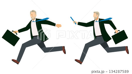 ビジネスのバトンパスをする走る高齢男性ビジネスマンのイラスト｜事業継承・仕事の引き継ぎ 134287589