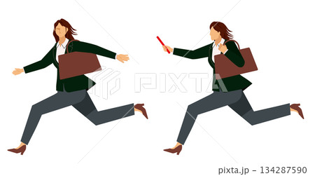 ビジネスのバトンパスをする走る女性ビジネスマンのイラスト｜事業継承・仕事の引き継ぎ 134287590
